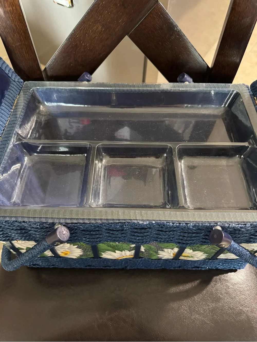 Vtg Wicker Sewing Basket Blue With Sunflowers Storage Box With Handle